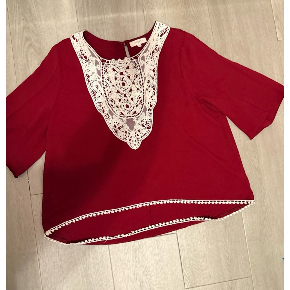 Umgee Burgundy Chiffon Crochet Lace Bib Split Bell Sleeve Blouse XL EUC., Boho